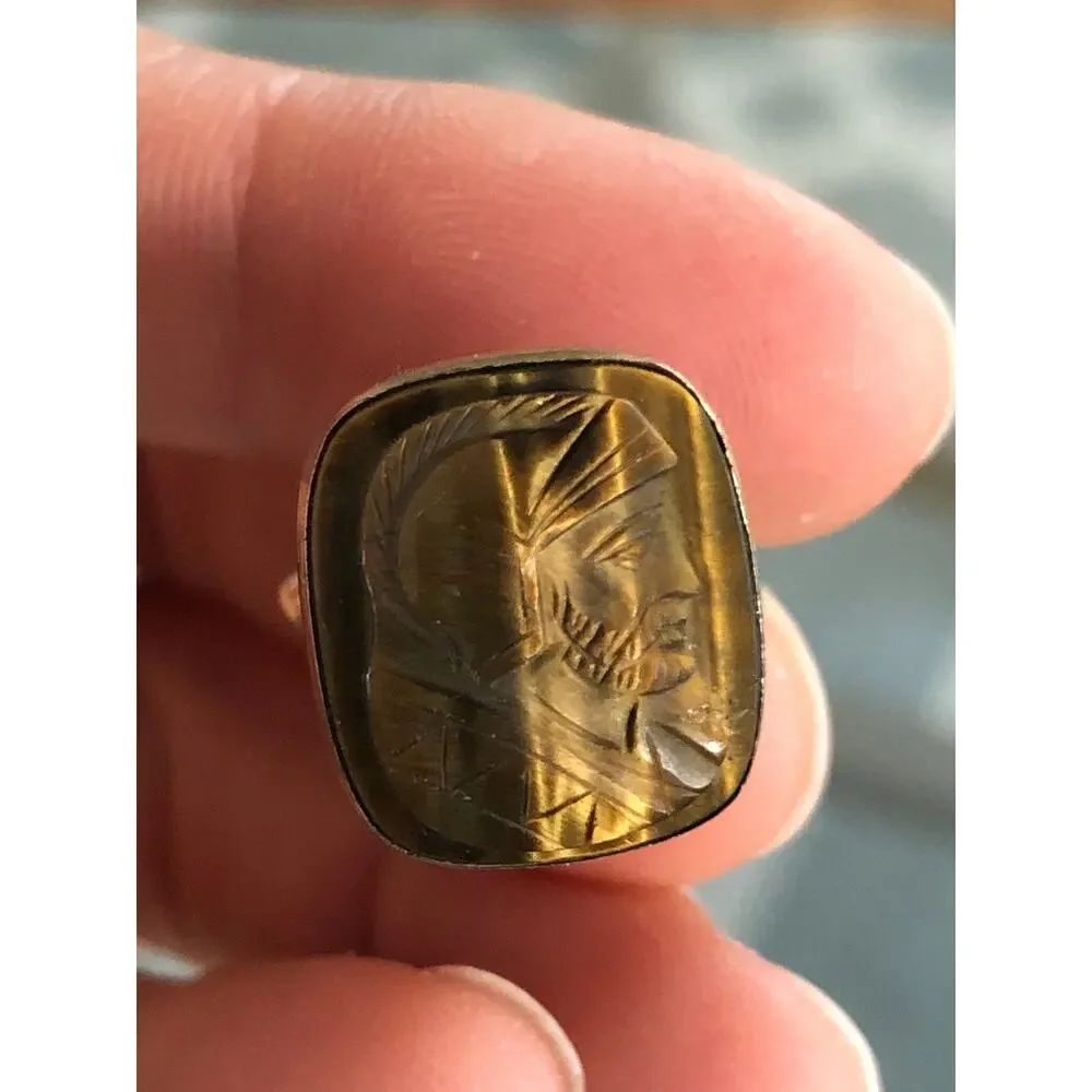 Vintage Lamode 10K Gold Filled, Carved Tigereye Brown Stone Warrior Cufflinks